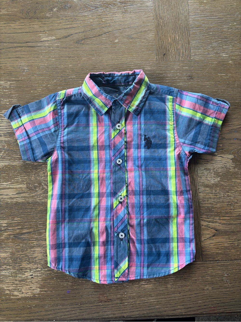 U.S. Polo Assn. Short-Sleeve Plaid Button-Down Shirt - Navy, Pink & Lime